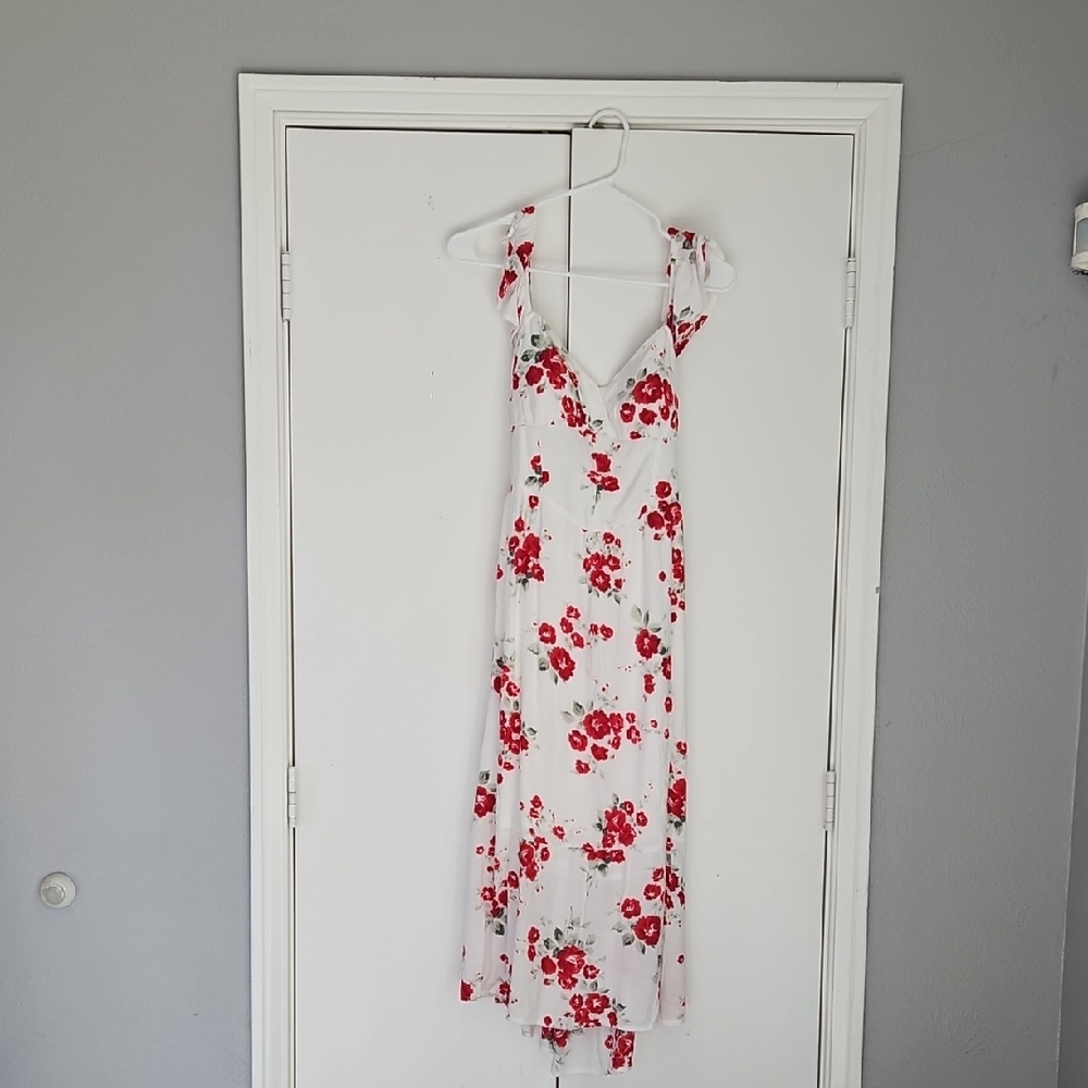 Hollister White Maxi Dress with Red Floral Design